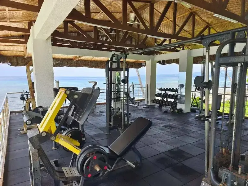 Une salle de sport extérieure offre une vue sur la mer.