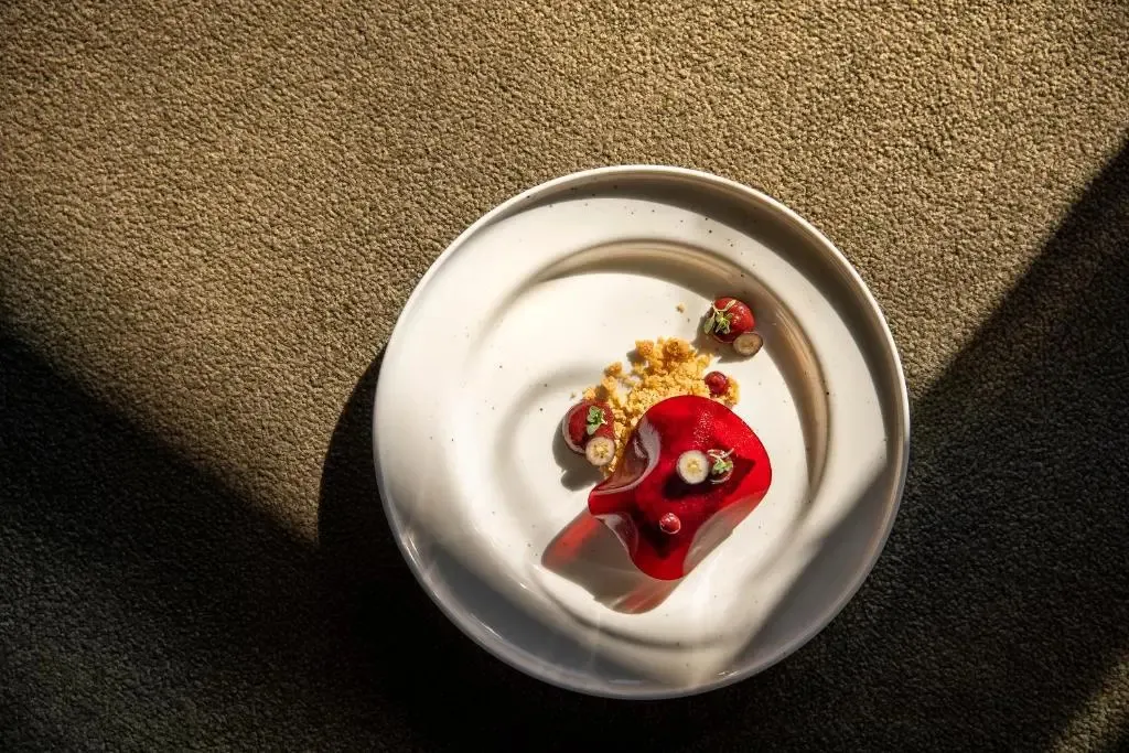 Une assiette blanche présente une préparation culinaire rouge et des éléments décoratifs.