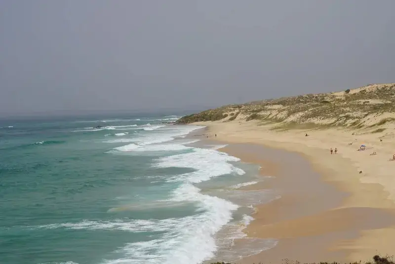 Une plage de sable fin bordée par l'océan et des dunes.