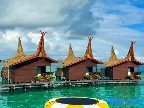 Maisons sur pilotis avec toits de chaume au milieu d'une eau turquoise sous un arc-en-ciel.