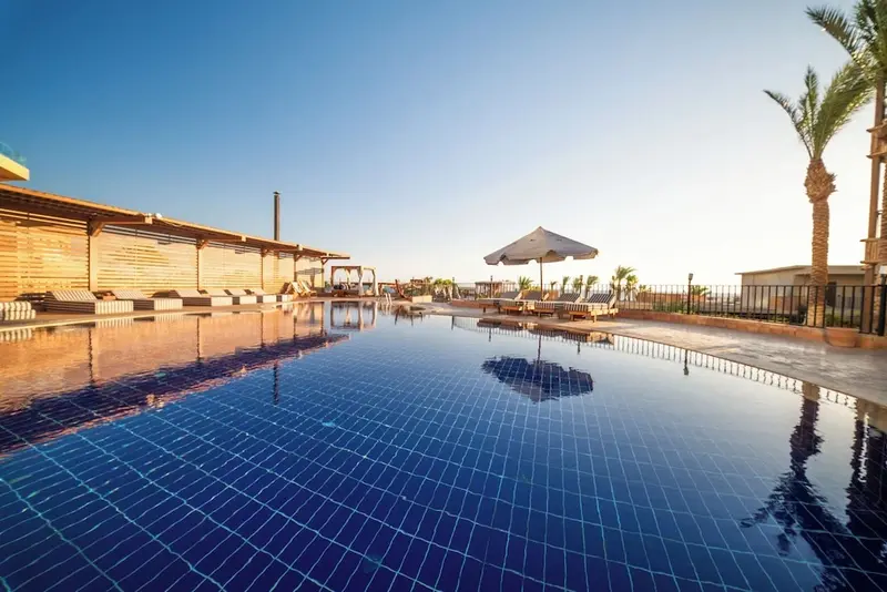 Une piscine rectangulaire aux eaux turquoise reflète le ciel bleu et les palmiers environnants.