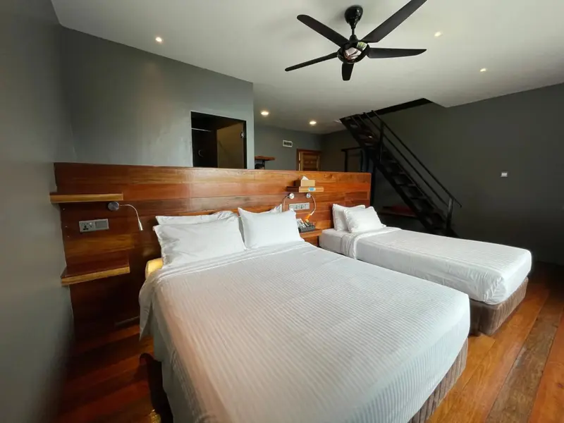 Deux lits simples avec des oreillers blancs dans une chambre au décor en bois.