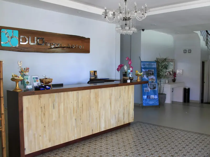Un comptoir d'accueil en bois clair dans un hall spacieux et lumineux.