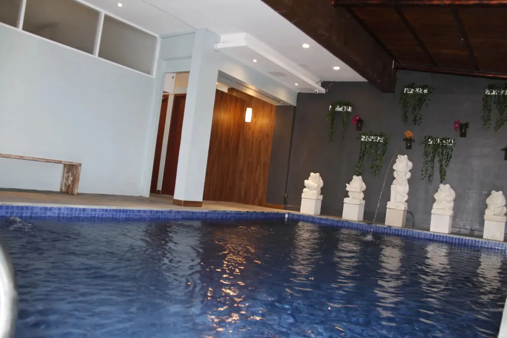 Une piscine rectangulaire avec un mur décoratif et des plantes.