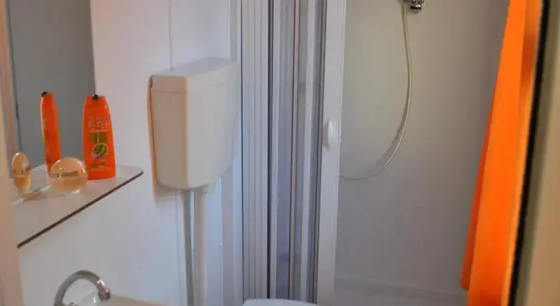 Une salle de bain fonctionnelle avec douche et lavabo.