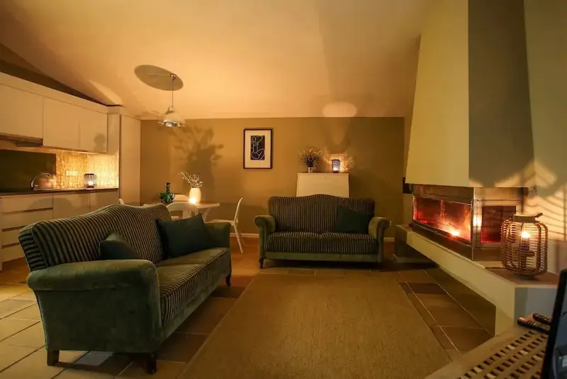 Un espace de vie chaleureux avec canapés, cheminée et coin repas.