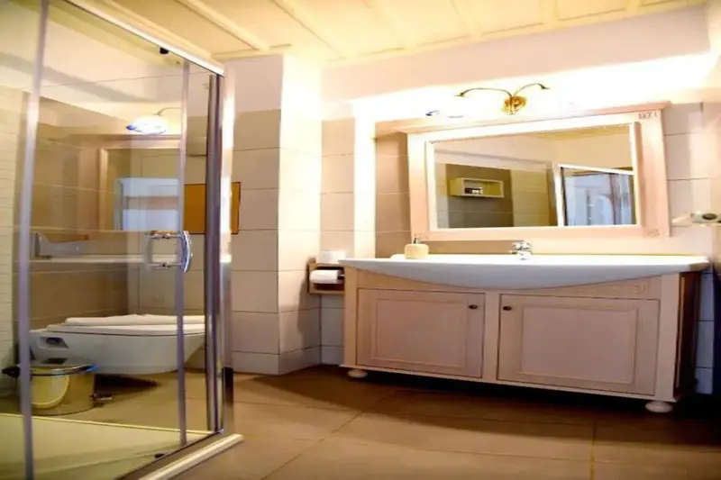 Une salle de bain lumineuse avec douche et vasque.