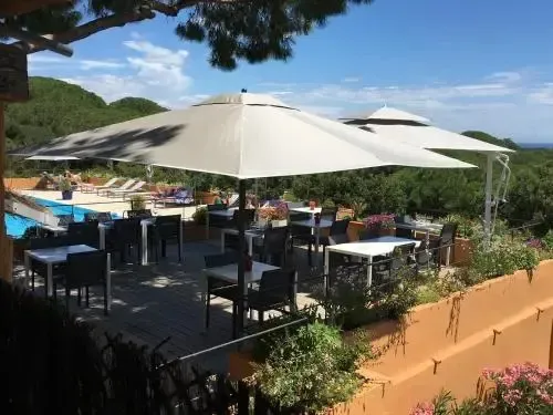 Terrasse ombragée avec tables et chaises donnant sur une piscine et la mer.