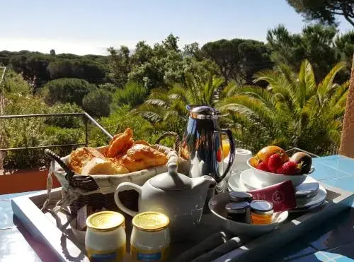 Un plateau de petit-déjeuner est présenté sur une table avec une vue sur la végétation luxuriante.