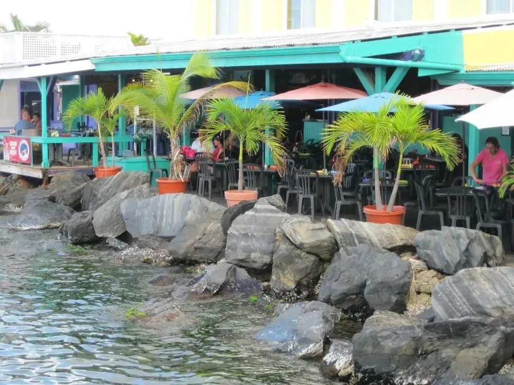 Terrasse ombragée avec tables et parasols au bord de l'eau.
