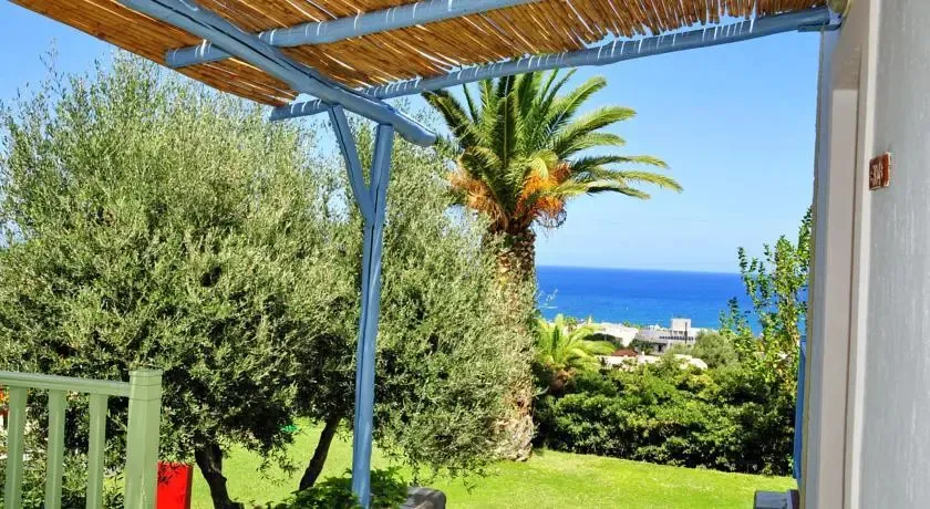 Vue sur la mer depuis une terrasse ombragée.