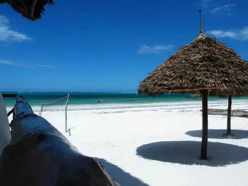 Plage de sable blanc avec parasols en chaume et mer turquoise.