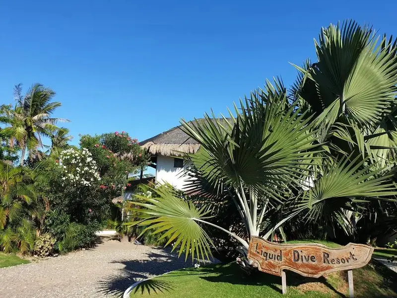 Entree d'un etablissement tropical avec une vegetation luxuriante et un panneau indicateur.