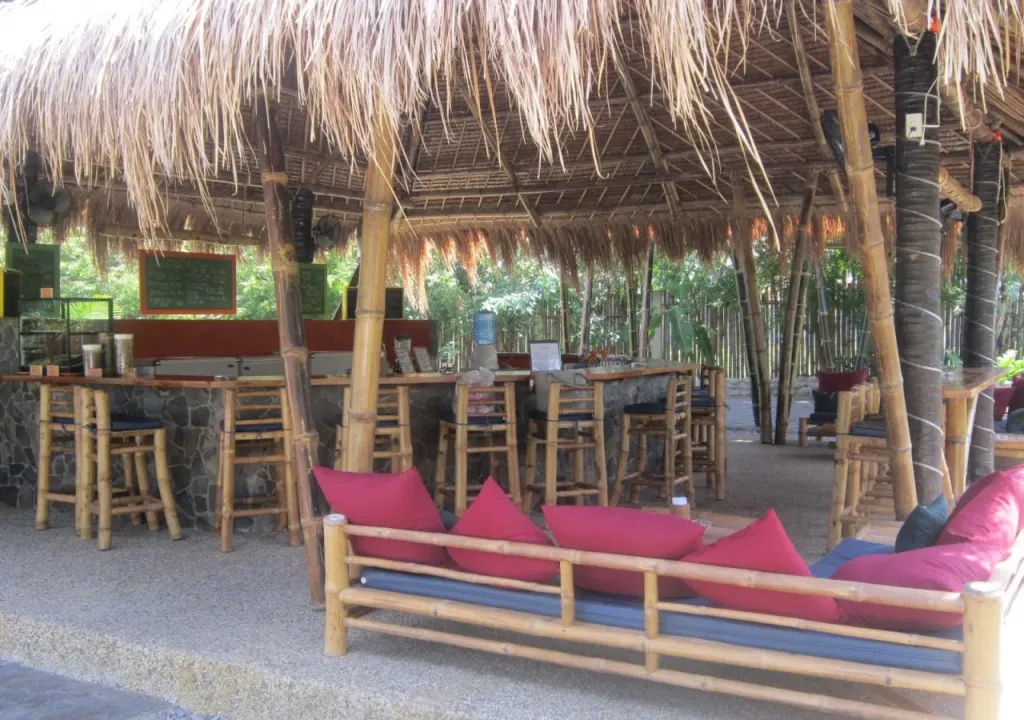 Un espace de détente ombragé avec un bar en bois et des assises confortables.