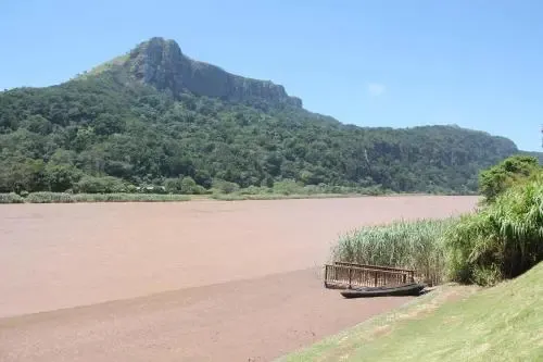 Un paysage avec une montagne verdoyante et une étendue d'eau marron.