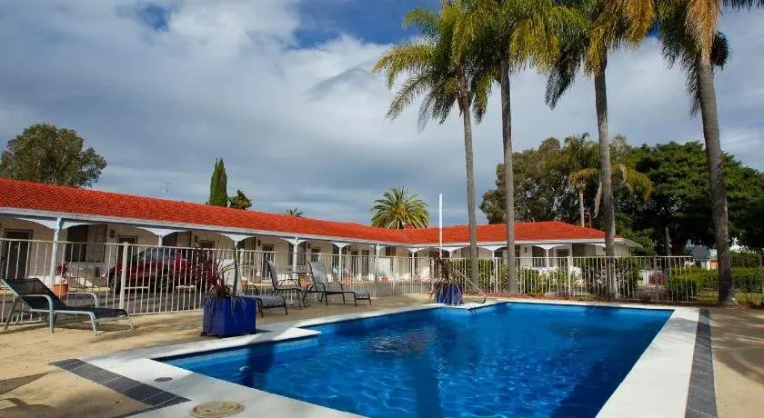 Une piscine bleue bordée de chaises longues dans un jardin tropical.