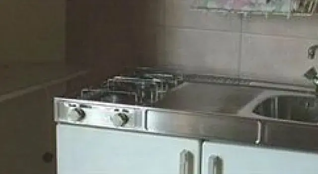 Une cuisinière à gaz et un évier en inox dans une cuisine.