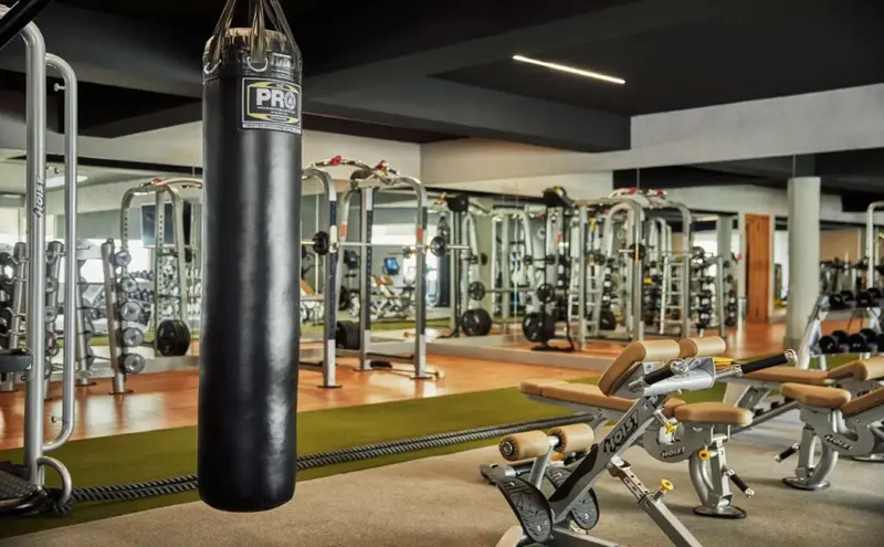 Une salle de sport lumineuse avec des équipements de musculation et un sac de frappe.