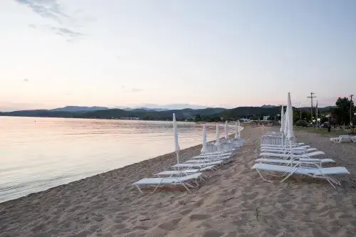 Transats blancs alignés sur une plage de sable au coucher du soleil.