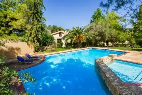 Une piscine bleue entourée d'un jardin verdoyant et de chaises longues.