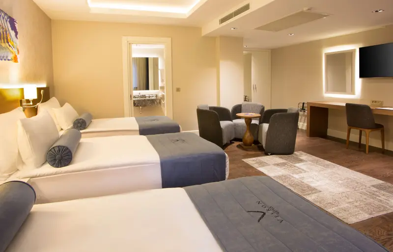 Une chambre lumineuse avec deux lits et un coin salon.