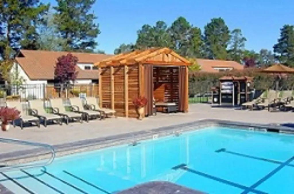 Une piscine ensoleillée avec des transats et un pavillon en bois.