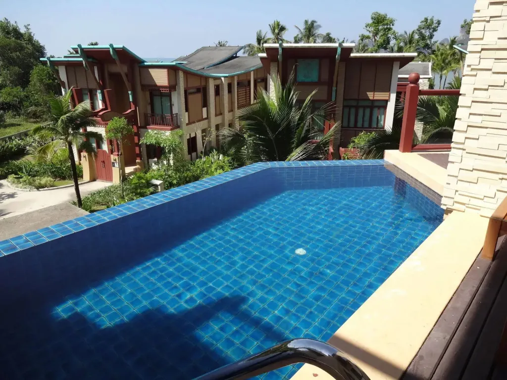Une piscine à débordement offre une vue sur les bâtiments et la végétation luxuriante.
