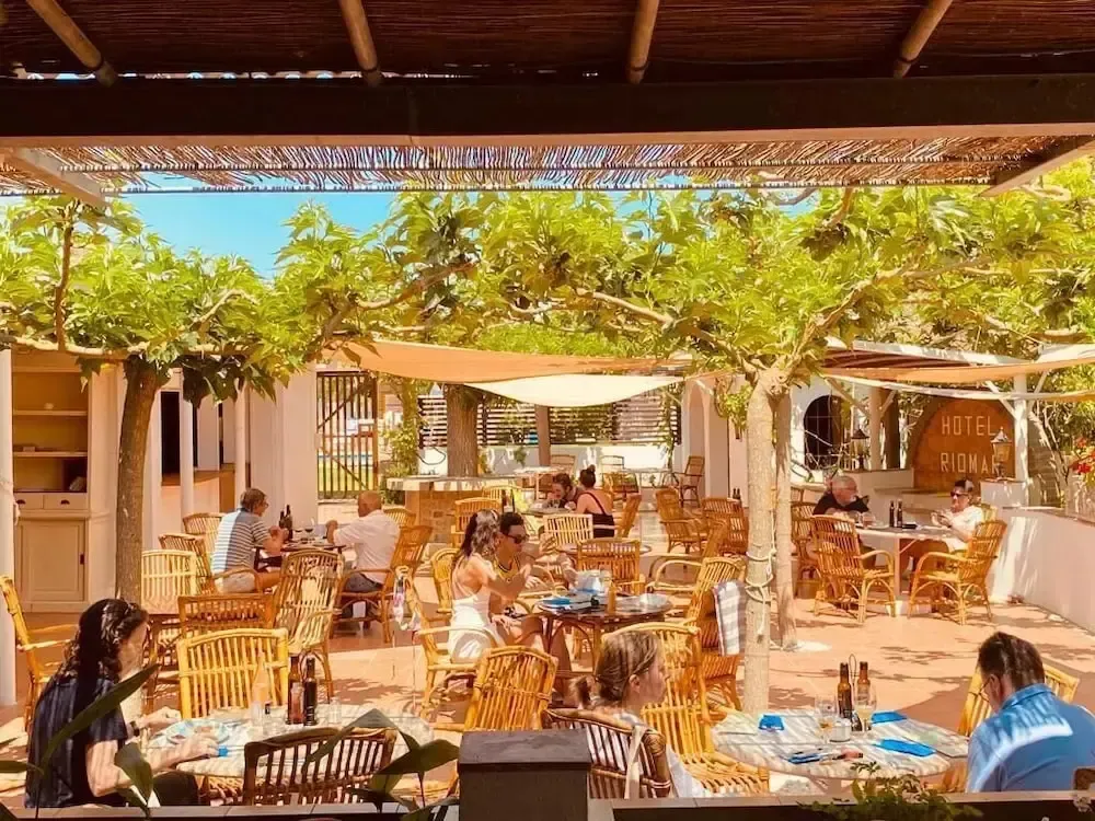 Une terrasse ombragée abrite des tables où les clients déjeunent.