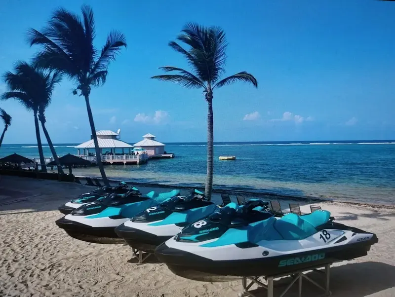 Jets skis turquoise et noirs alignés sur une plage de sable fin, avec des palmiers et une structure en bois sur l'eau en arrière-plan.