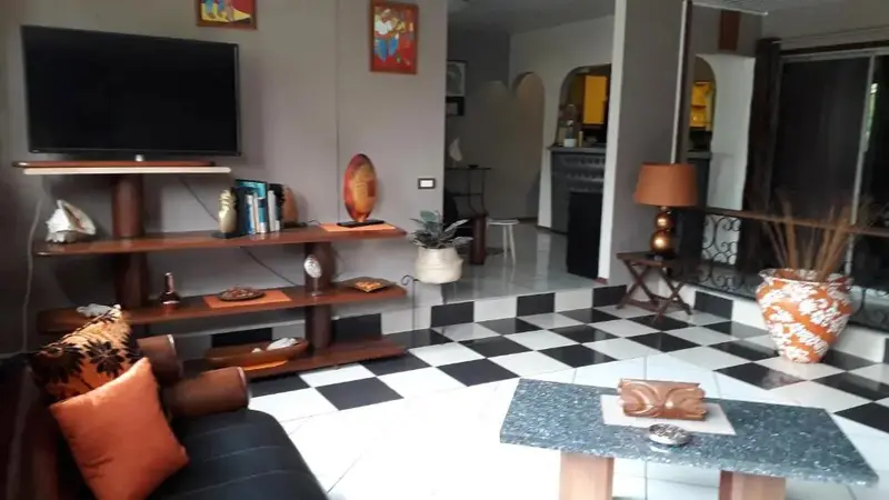 Un espace de vie intérieur avec un canapé, une télévision et des étagères décoratives.