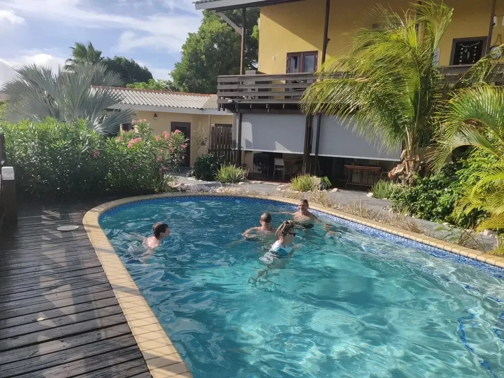 Des personnes se baignent dans une piscine rectangulaire entourée d'une terrasse en bois.