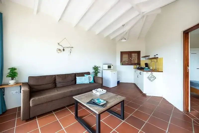 Espace de vie intérieur avec canapé, table basse et kitchenette.