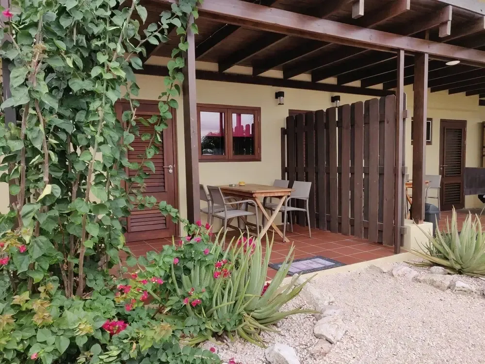 Terrasse ombragée avec table et chaises devant une porte d'entrée.