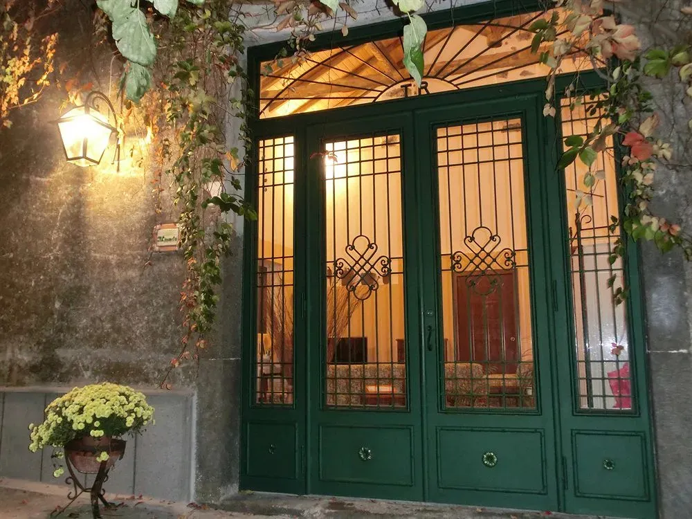 Entree d'un batiment avec une porte verte ornee de fer forge et des plantes grimpeuses.