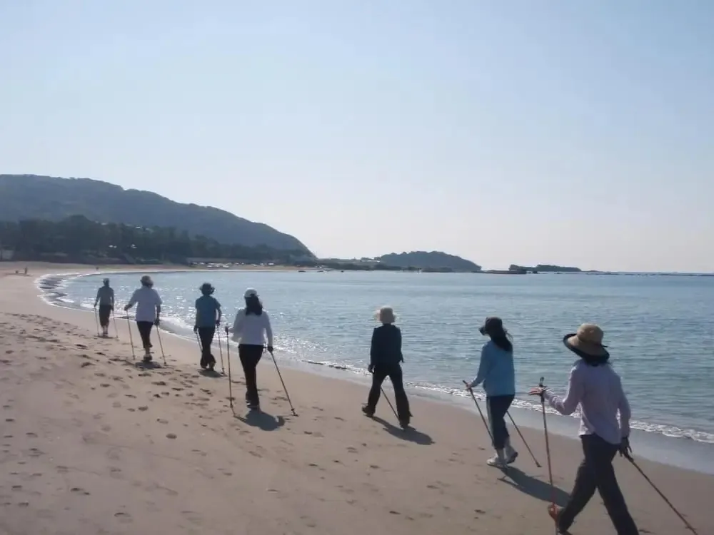 Groupe de personnes marchant le long d'une plage de sable fin sous un ciel clair.