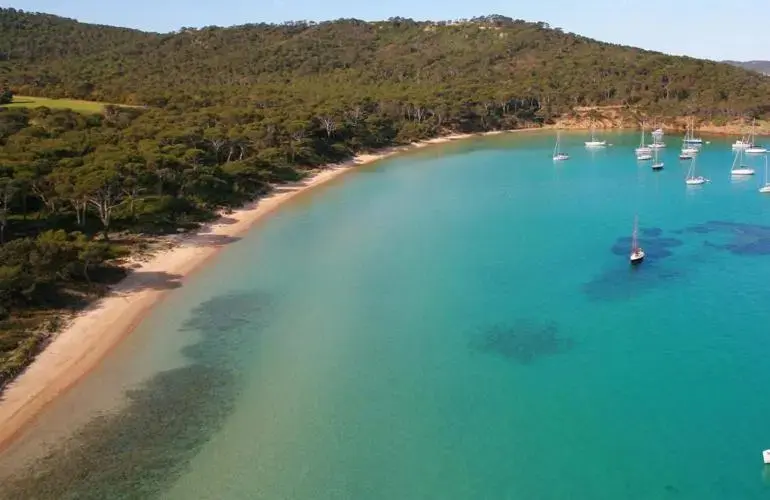 Une plage de sable fin borde une crique aux eaux turquoise et abrite plusieurs voiliers.