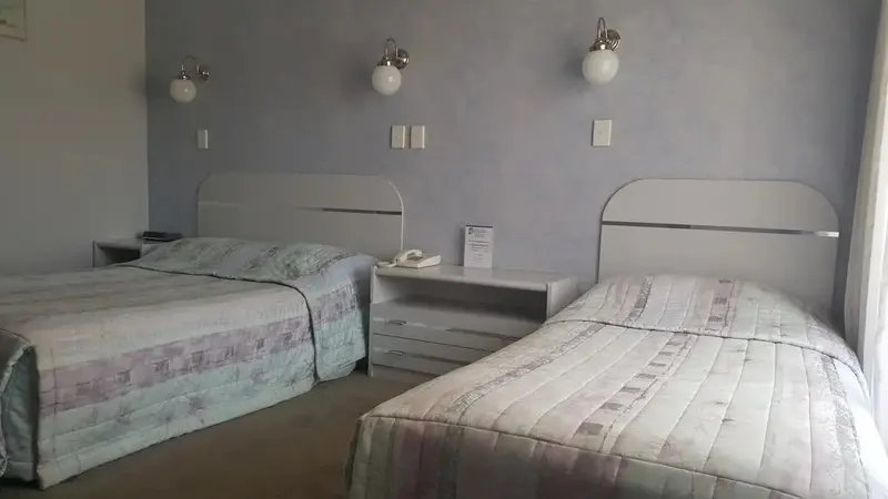 Une chambre avec deux lits simples et une table de chevet.