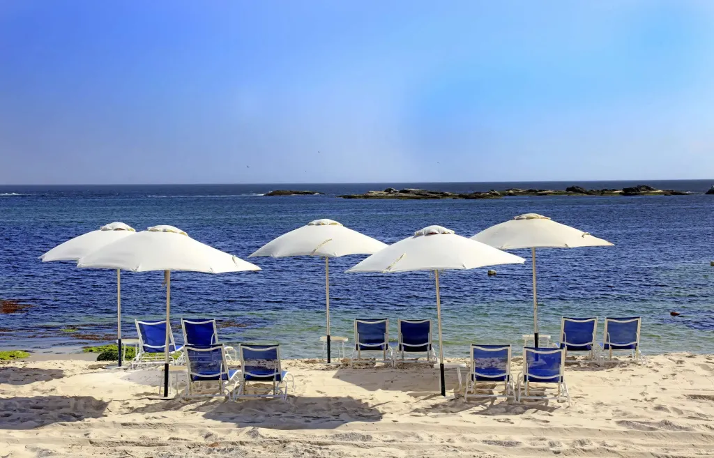 Transats et parasols blancs sur une plage de sable fin face à la mer.