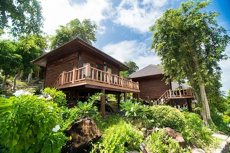 Maisons en bois sur pilotis au milieu d'une végétation luxuriante.