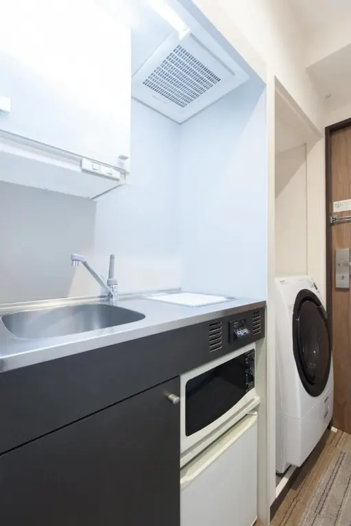 Une kitchenette moderne avec un évier, des plaques de cuisson et un micro-ondes.