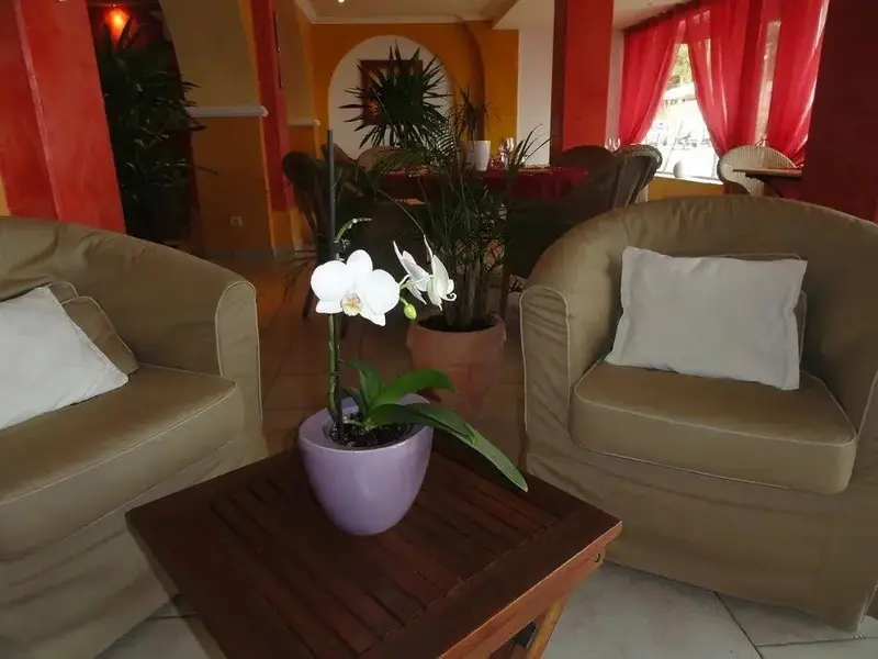 Deux fauteuils confortables avec coussins sont disposés autour d'une petite table en bois.