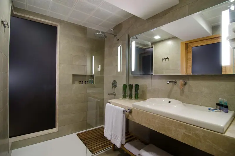 Une salle de bain moderne avec douche à l'italienne et vasque intégrée.