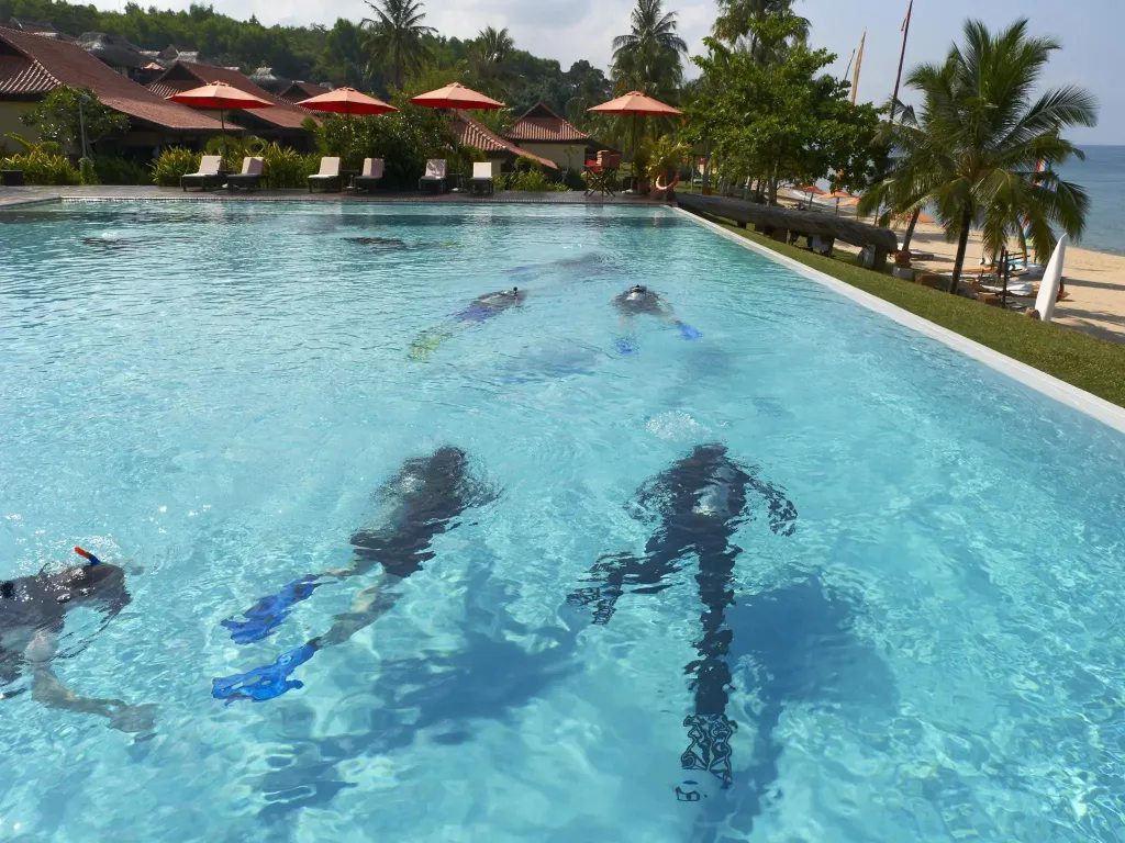Des personnes nagent dans une piscine rectangulaire bordée d'une terrasse.
