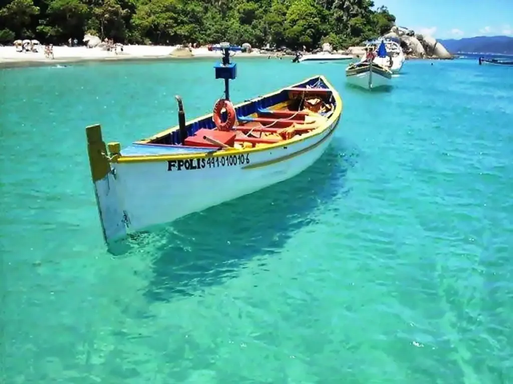 Un bateau coloré flotte sur une eau turquoise et claire près d'une plage.