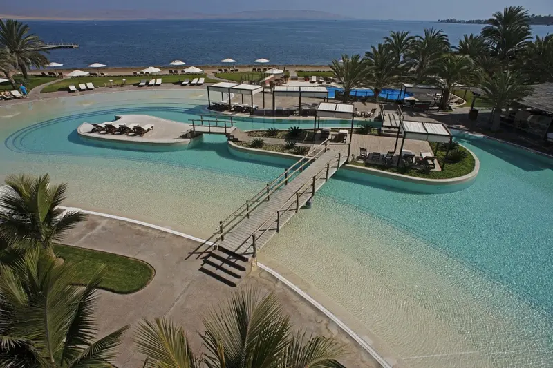 Vue aérienne d'une piscine sinueuse bordée de transats et de palmiers.