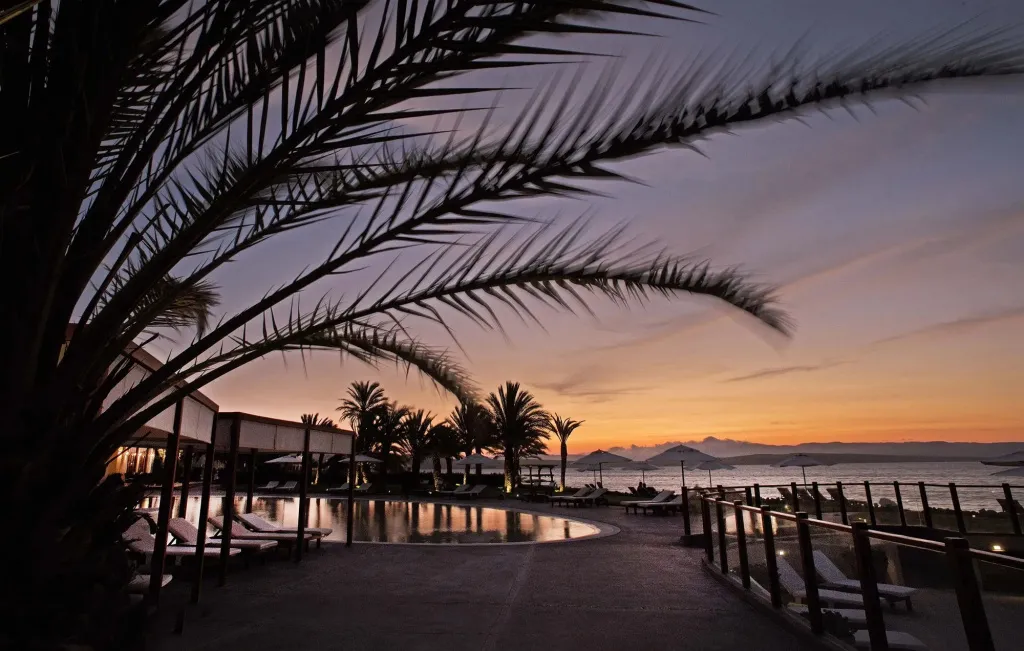 Une piscine illuminée au crépuscule avec des palmiers en premier plan.