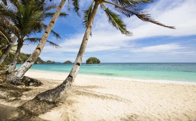 Plage de sable blanc bordée de palmiers sous un ciel bleu nuageux.