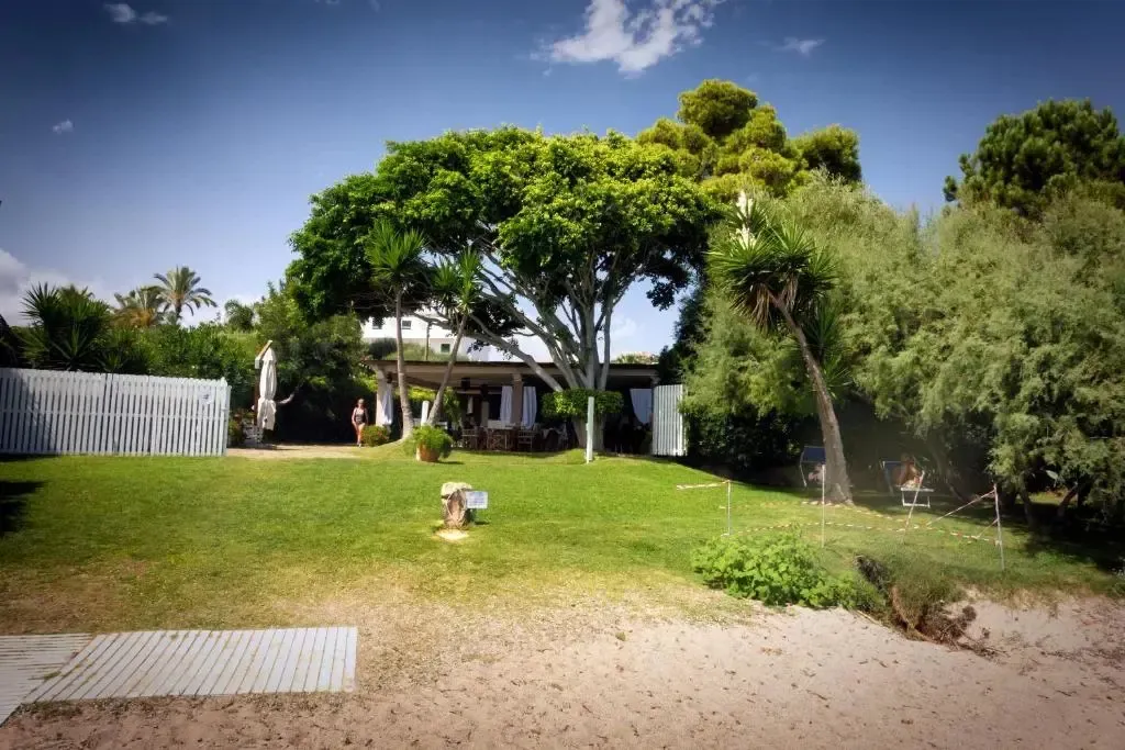 Pelouse verdoyante bordant une plage de sable fin, avec des arbres et une habitation en arrière-plan.