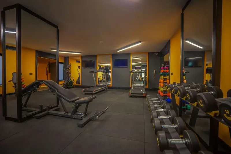 Une salle de sport lumineuse avec des équipements de musculation et des tapis de sol.