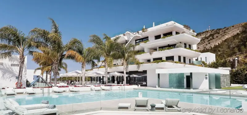 Vue d'un bâtiment blanc moderne avec une piscine ensoleillée et des palmiers.